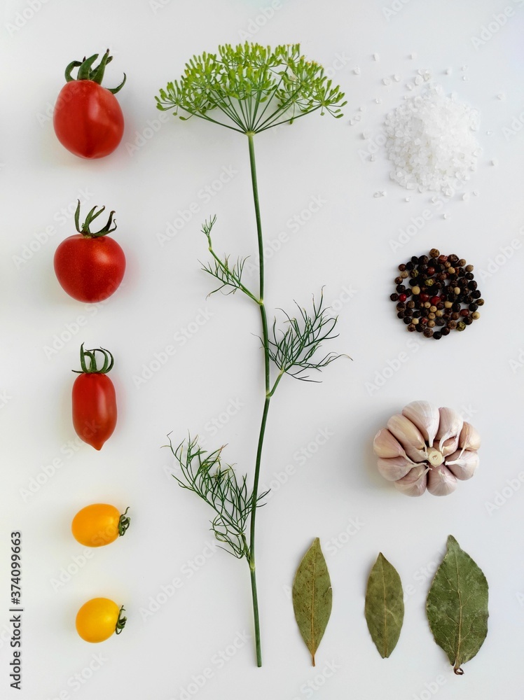 Ingredients for pickling red and yellow tomatoes. Concept culinary recipe preservation of vegetables in harvest season. Assorted tomatoes, garlic, dill, salt, pepper and bay leaf. Knolling concept.