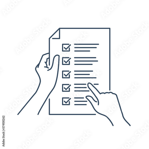 Terms and Conditions icon - contract and license agreement - hands holding business paper with check list - human readung contract concept