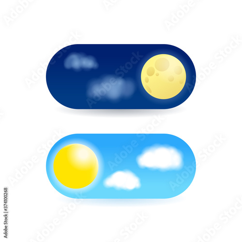 Day and night switcher - web button with night sky and moon and with blue cloudy sky and sun - isolated vector web element