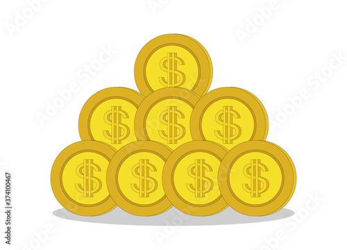 Coins stack vector illustration, flat coin money stacked flat icon, golden penny cash pile, treasure heap isolated on color background, Design for Finance.
