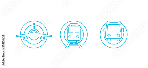 Online ticket booking service icons - airplane, train and bus intergated with geo mark (pointer) shape - set of vector transport silhouettes in thin line style