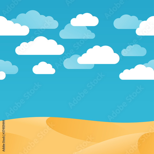 Cloudy blue sky and sand dunes (beach or desert) - seamless vector background with cartoon flat clouds
