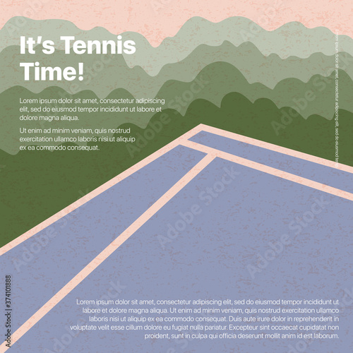 Tennis court vector flat illustration with text space and textures. Active lifestyle, tennis tourney or championship.