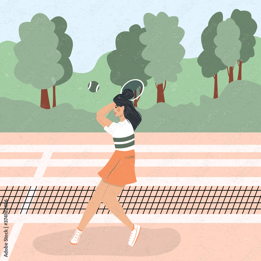 Cute tennis girl in sport clothes hitting tennis ball with racket at tennis court vector flat illustration.