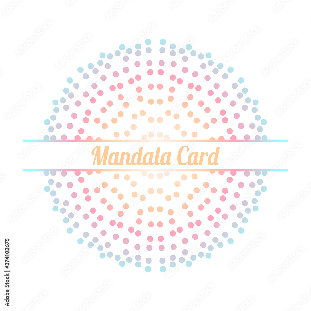 Naklejka premium Colorful gradient dotted half of flower greeting card. Invitation template with halftone ornamental Mandala. Lotus floral postcard, poster, flyer. Vector illustration.