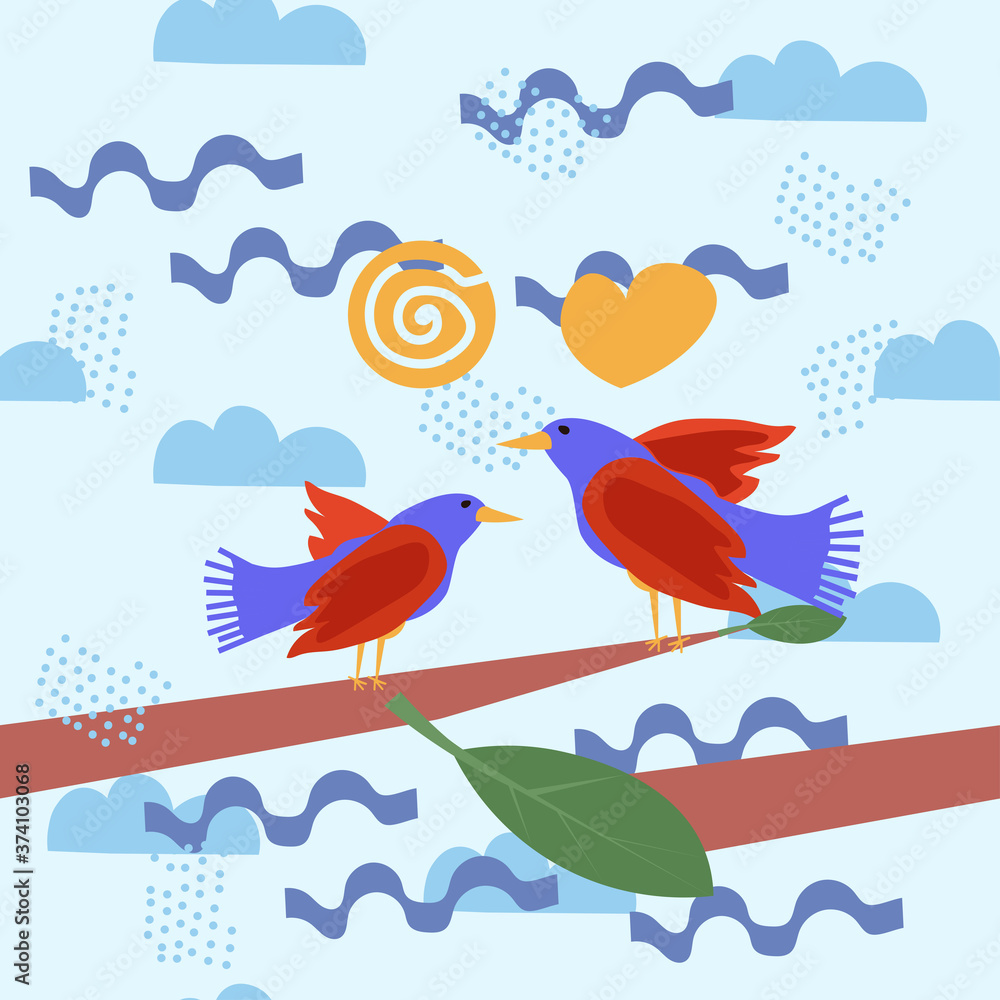 Obraz premium Bright colorful graphic floral pattern with birds in love in a hand-drawn style. Seamless pattern with birds and figures.