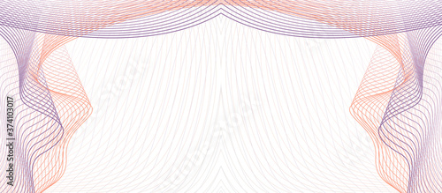 Purple, orange symmetric vignette. Guilloche as draped textile. Elegant frame. Vector abstract background. Line art pattern. Subtle curves. Design for certificate, cheque, coupon, gift card. EPS10