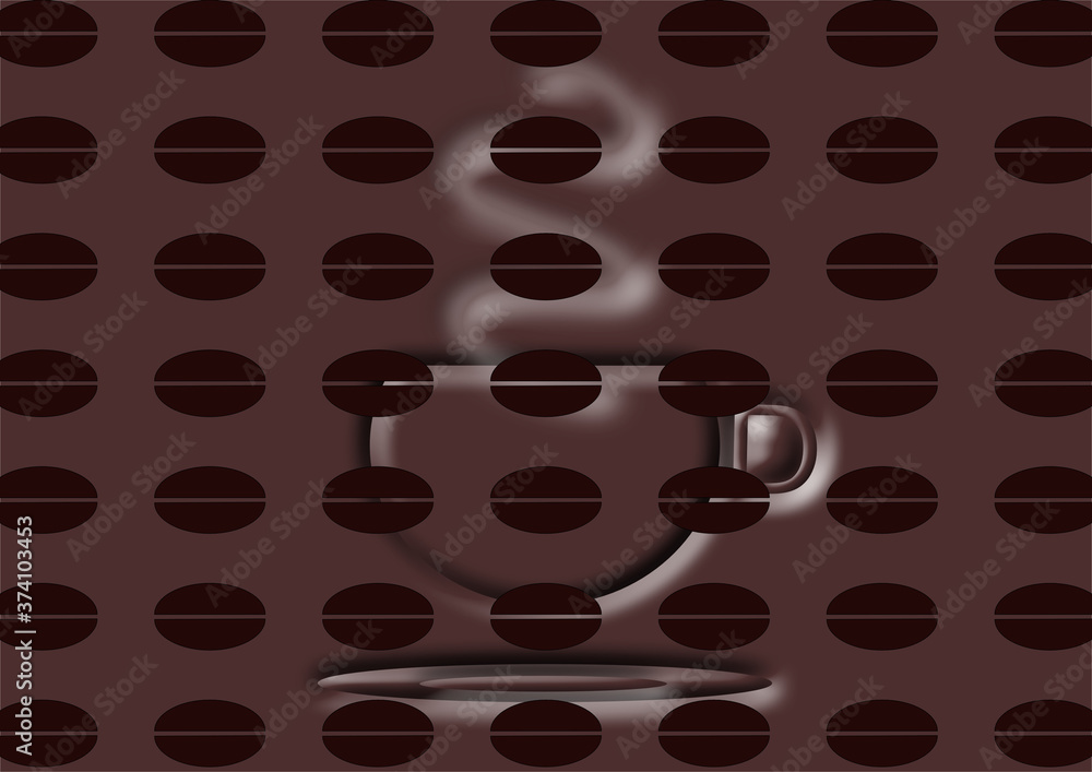 Obraz premium Coffee advertising design, coffee cup with plate, blurred steam, coffee beans on whole image, brown background 
