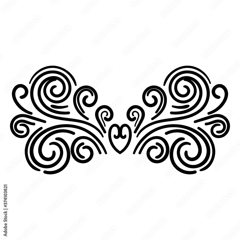 Black abstract curly element for design, swirl, curl. Divider, frame isolated on white background. Vector illustration.
