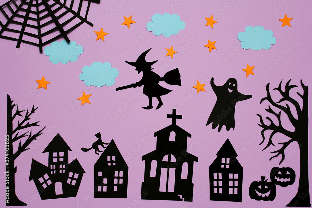 halloween night scene. Halloween background with pumpkin, witch, stars, clouds. Handmade paper decoration for Halloween.