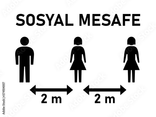 Sosyal Mesafe 2 m ("Social Distancing 2 Meters" in Turkish) Keep Your Distance Instruction Sign. Vector Image.