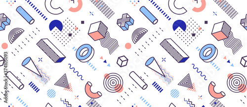 Background of geometric shapes, geometrical style seamless pattern, bright fashionable colors for web brochure, flyer, journal or printing products, texture for clothing. Vector seamless pattern.