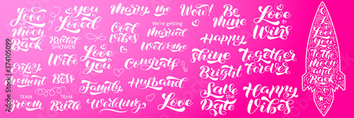 Set of lovely words for wedding or marriage brush lettering. Vector stock illustration for card or poster