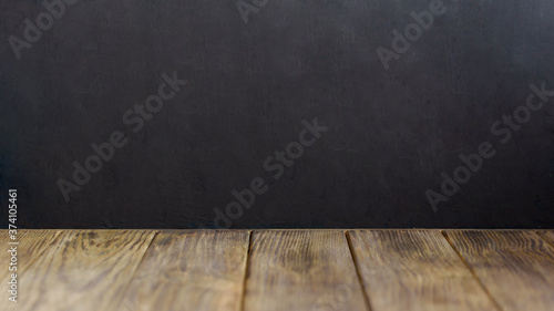 Blank black Chalkboard Background. Empty Wooden table. back to school concept.