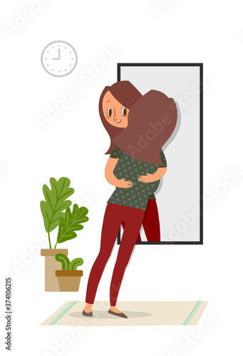 Self-acceptance, Woman hugging with her reflection in the mirror, self care concept illustration.