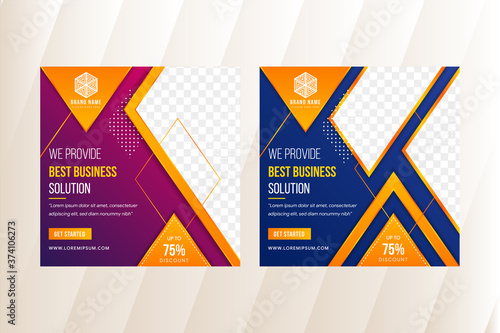 Social media banner use best business solution as example of headline. Square banner layout with purple and blue with triangle and diagonal space of photo collage. orange gradient as element design.