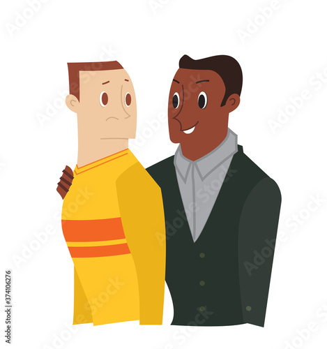 Comforting friend cartoon. Man comforting his sad friend isolated on white background.