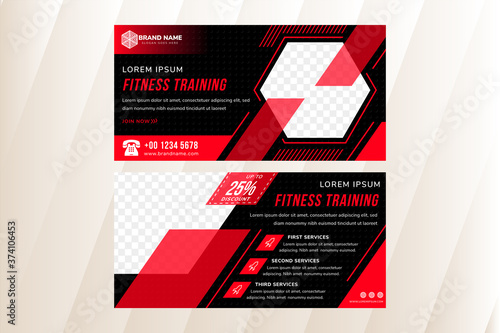 fitness training horizontal layout banner template design use combination red and black colors. hexagon and diagonal space for photo collage. circle pattern. 