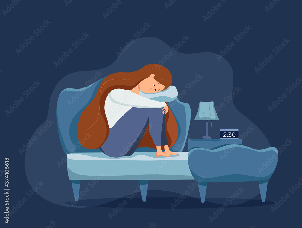 Fototapeta premium Sleepy awake woman in bed suffers from insomnia. Vector illustration