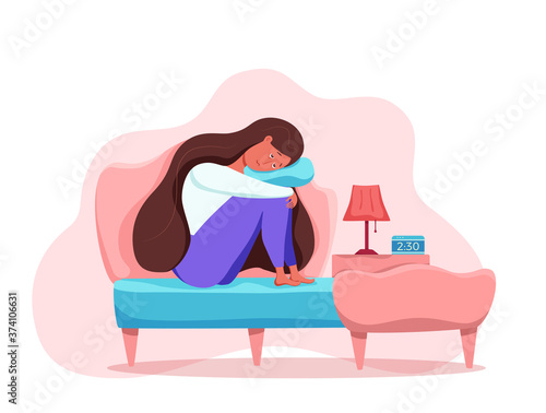 Sleepy awake woman in bed suffers from insomnia. Vector illustration