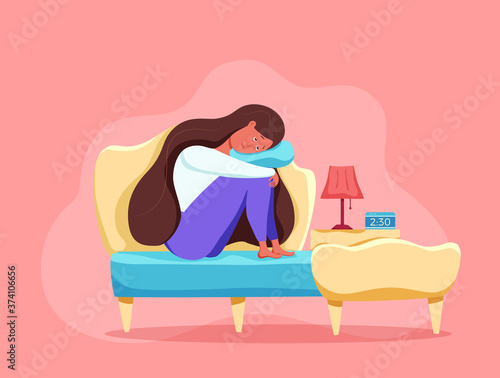 Sleepy awake woman in bed suffers from insomnia. Vector illustration