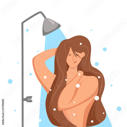 Woman taking shower in bathroom. Vector illustration of happy girl washing herself with shampoo and soap.
