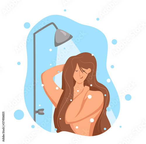 Woman taking shower in bathroom. Vector illustration of happy girl washing herself with shampoo and soap.
