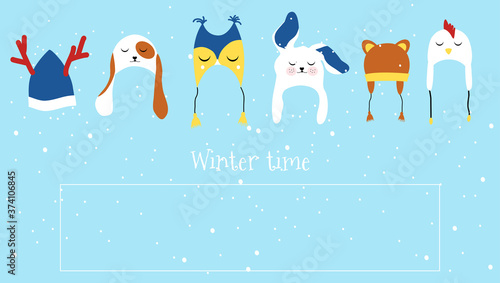 Knitted winter hats in the form of puppy,hare,deer with horns,owl,chicken.Warm headwear, autumn accessories vector icons set.Animals beanies earflaps collection.Childish clothing.Promo sale flyer