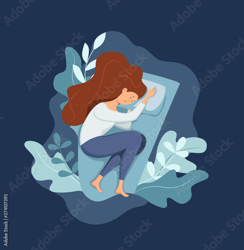 Sleepy awake woman in bed suffers from insomnia. Vector illustration