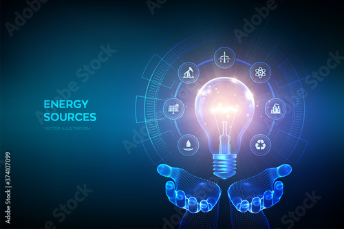 Glowing light bulb with energy resources icons in hands. Electricity and energy saving concept. Energy sources. Campaigning for ecological friendly and sustainable environment. Vector illustration.