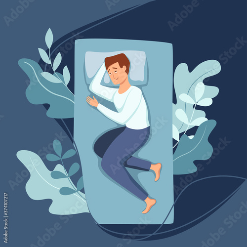 Sleepy awake man in bed suffers from insomnia. Vector illustration of tired exhausted sad guy insomniac