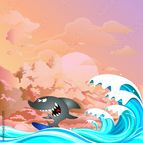 Comical shark surfer riding the waves set against a dawn or dusk pink sky