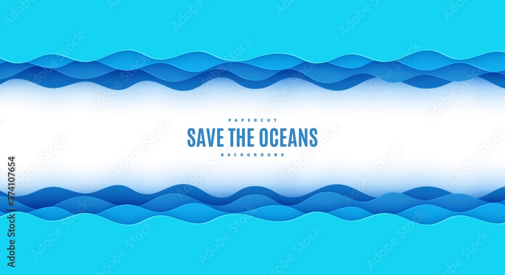 Wavy border in paper cut style. World Oceans Day 8 June cut out from cardboard blue waves. Vector 3d ecological poster cut out from paper. Craft save the sea card. Origami water for your design Wavy border in paper cut style. World Oceans Day 8 June cut out from cardboard blue waves. Vector 3d ecological poster cut out from paper. Craft save the sea card. Origami water for your design