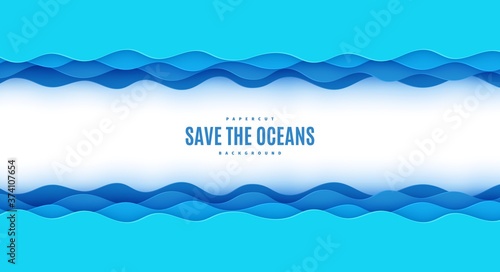 Wavy border in paper cut style. World Oceans Day 8 June cut out from cardboard blue waves. Vector 3d ecological poster cut out from paper. Craft save the sea card. Origami water for your design