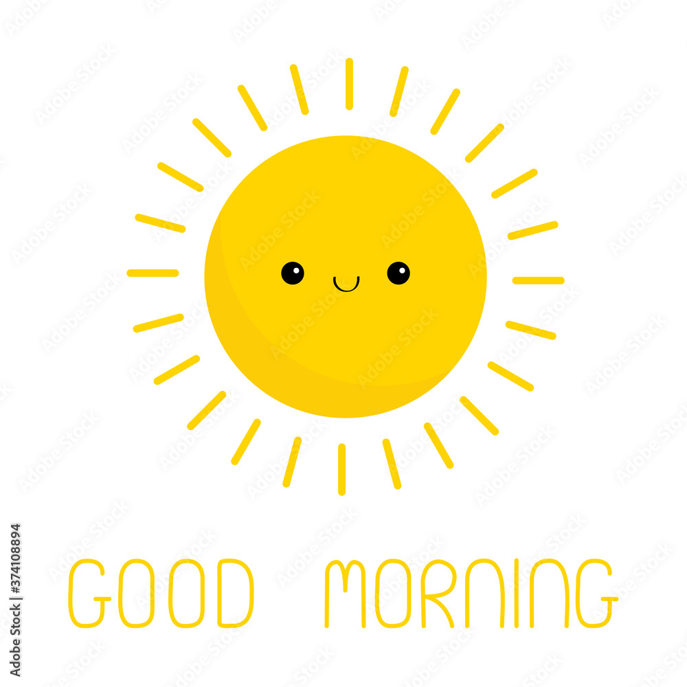 Good morning. Sun shining icon. Cute kawaii face. Cartoon funny smiling character. Hello summer. Sunshine. Yellow color. Baby collection. Flat design. White sky background. Isolated.