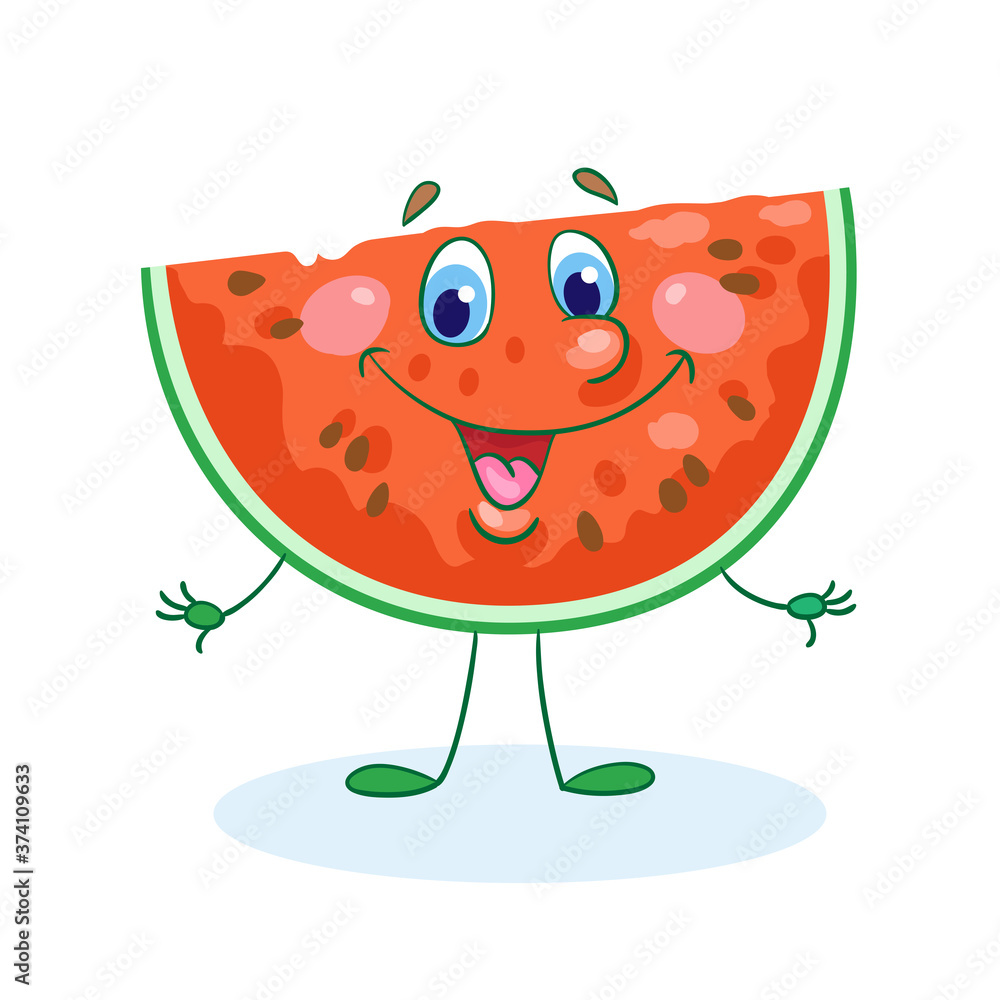 Cute slice of watermelon. In cartoon style. Isolated on white background. Vector flat illustration. Cute slice of watermelon. In cartoon style. Isolated on white background. Vector flat illustration.
