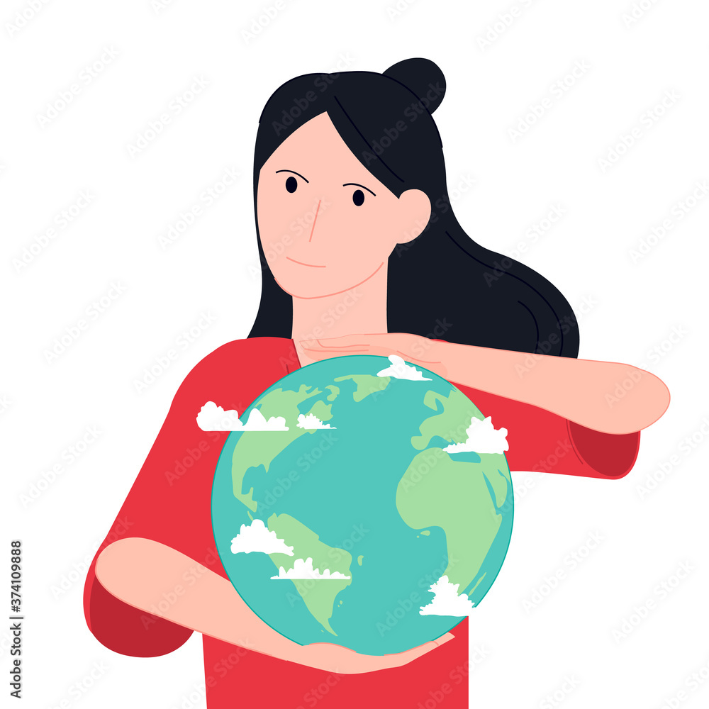 Girl holding the planet vector illustration cartoon flat design modern style 
