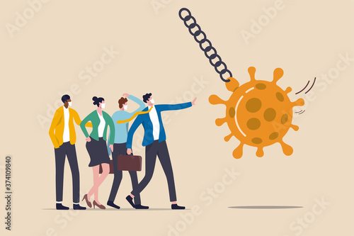 Stop Coronavirus COVID-19 pandemic causing financial crisis, economic stimulus to help protect company from bankruptcy concept, businessmen virus immune team up to protect wrecking ball Coronavirus.