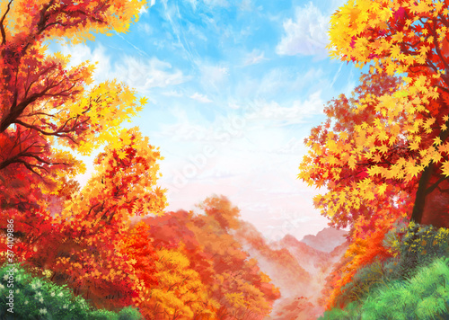 タイトルを乗せやすい余白のある秋の紅葉の背景【水彩風】