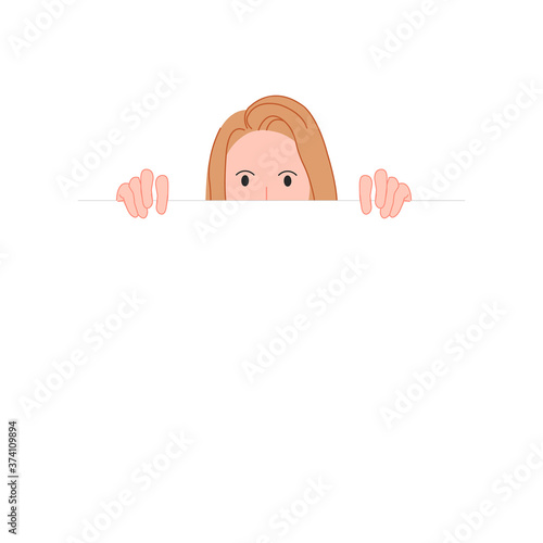 Cartoon flat girl peeking out of the wall vector illustration cartoon flat design modern style 