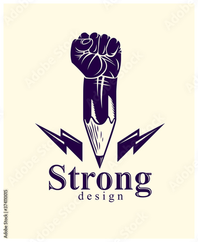 Strong design or art power concept shown as a pencil with clenched fist combined into symbol, vector logo or creative conceptual icon for designer or studio, science research.