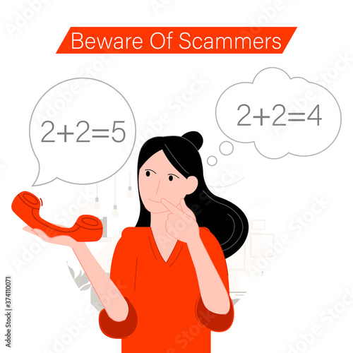 Cartoon flat girl talking to scammers vector illustration modern style 