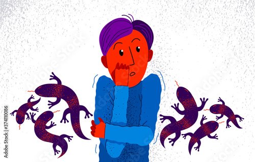 Herpetophobia fear of reptiles snakes and lizards vector illustration, boy surrounded by imaginary reptiles in panic attack and fear, mental health concept.