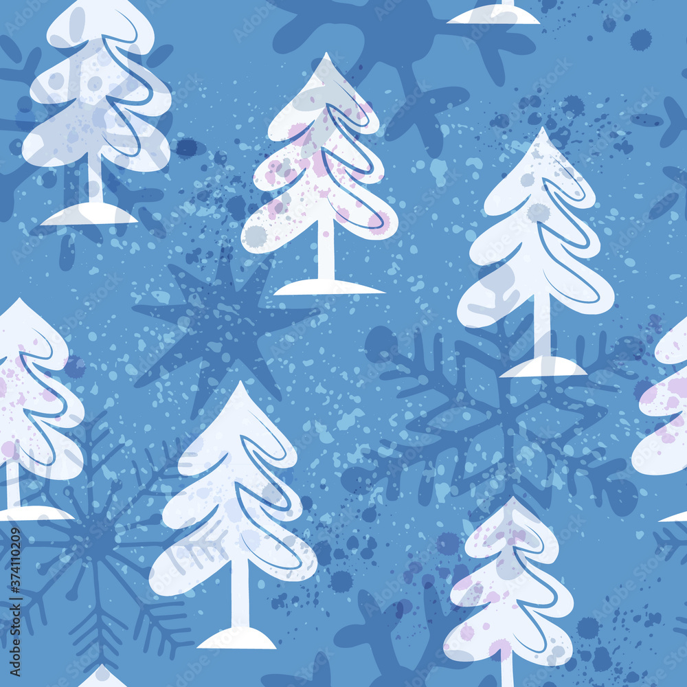Obraz premium Seamless pattern with white Christmas trees on a blue background