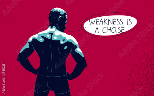 Strong muscular man back vector illustration with saying quote, bodybuilder athlete sportsman, strength and health lifestyle.