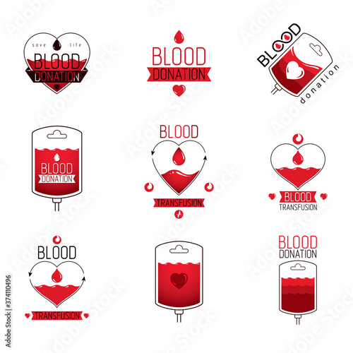 Collection of vector emblems created on blood donation idea, blood transfusion and circulation concepts. Medical theme vector graphic symbols.