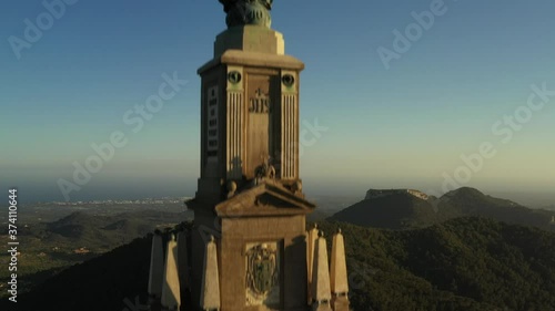 flying a drone over the monastery and statue of Christ sanctuary of San Salvador Majorca Spain