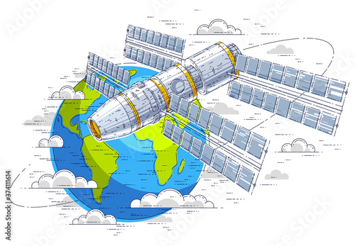Space station flying orbital spaceflight around earth, spacecraft spaceship iss with solar panels, artificial satellite. Thin line 3d vector illustration.