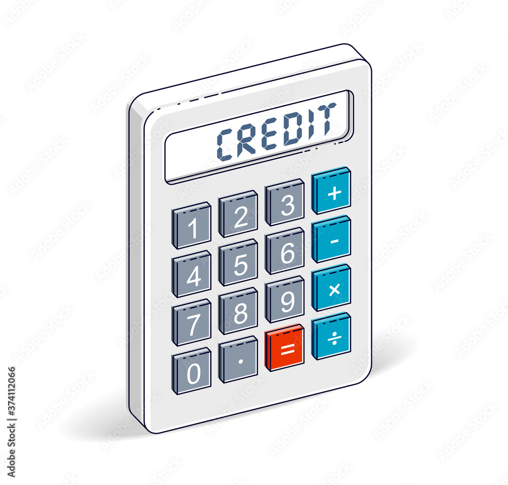 Credit and loan concept, calculator with credit lettering isolated on white background. Vector 3d isometric business and finance illustration. Credit and loan concept, calculator with credit lettering isolated on white background. Vector 3d isometric business and finance illustration.