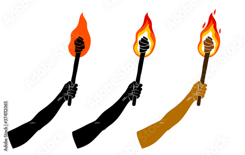 Torch in a hand raised up vector illustration, Prometheus, flames of fire, bring the light to the dark, conceptual allegory art. photo